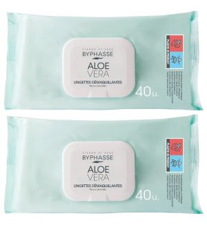 (BUNDLE OF 2) BYPHASSE MAKE UP REMOVER WIPES 40'S ALOE VERA - SENSITIVE SKIN